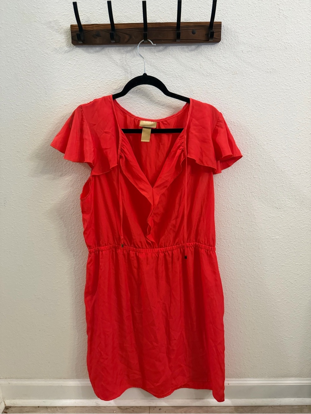 Miss Tina Coral-Red V-Neck Mini Dress with Flutter Sleeves